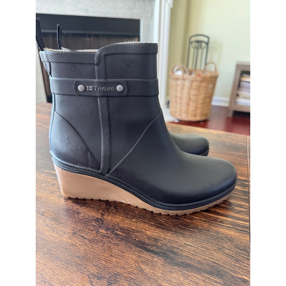 Tretorn Black Rubber Wedge Rain Boots Ankle Booties Size 38 EU 7.5 US